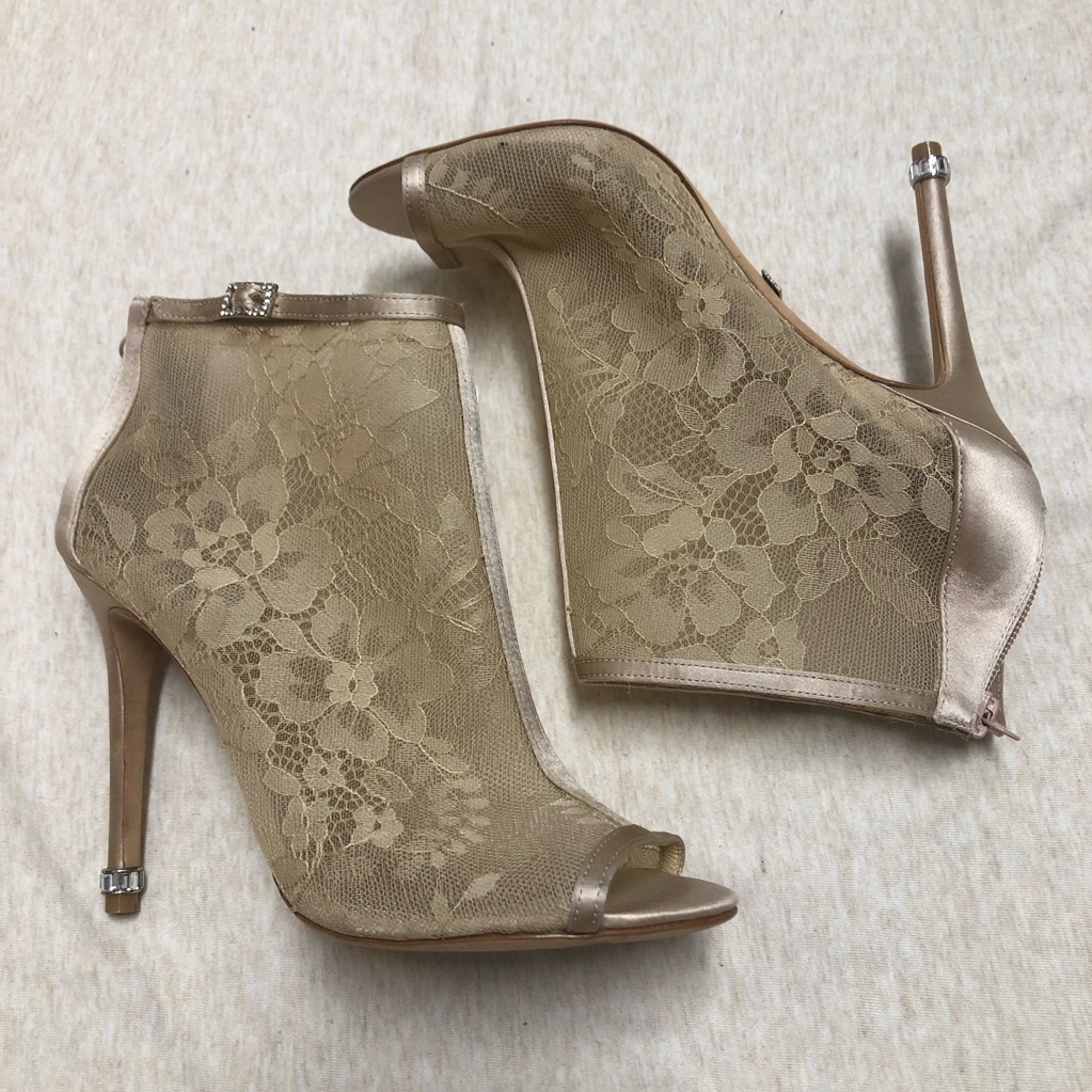 Badgley Mischka Jeweled Sheer Lace Heels Open Toe Booties Wedding Bridal Design
